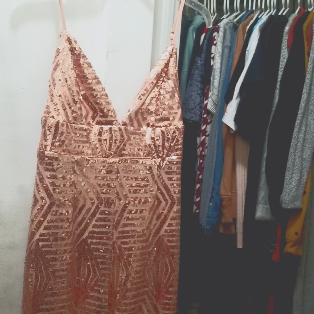 Lulu's Rose Gold Sequin Strappy Jumpsuit